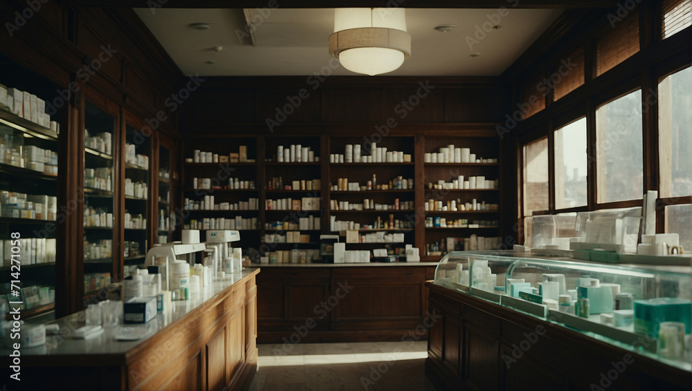 Luxurious interior of an old-style retro pharmacy in European city is impressive. Bottles, jars and packaging are placed comfortably on the floors, embodying atmosphere of old pharmacy or retro store