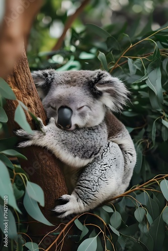a koala sleeping in a tree with its eyes closed