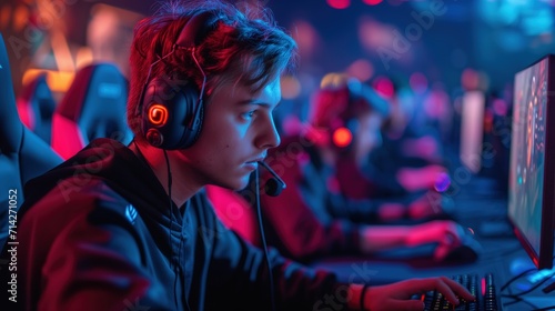 Teenage boy intensely focused while playing in a professional gaming tournament