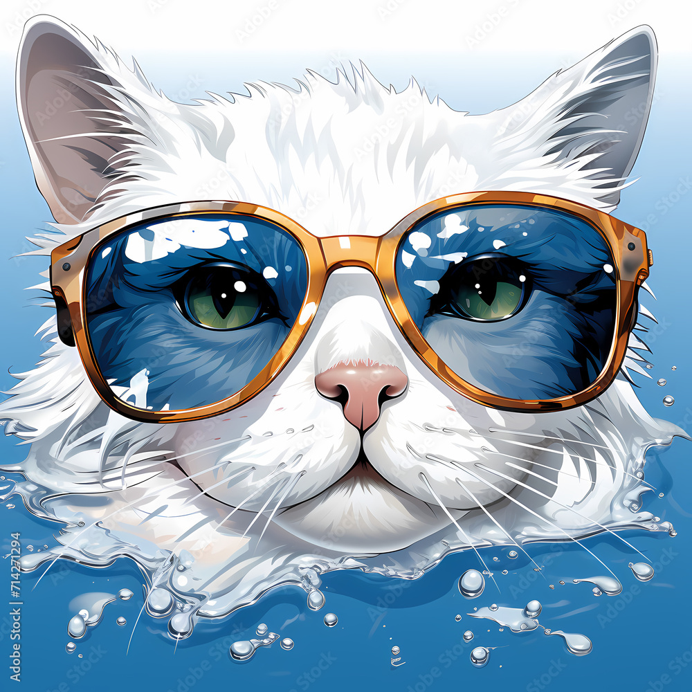 Fototapeta premium Beautiful cute cat with sunglasses water color illustration. The vibrant colors, adorable feline.