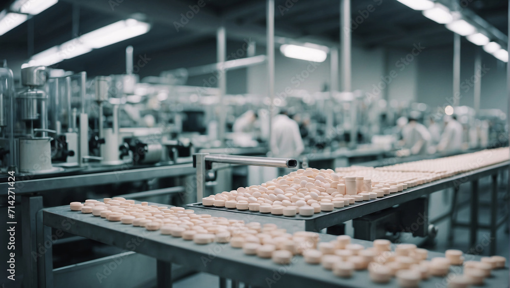 Pharmaceutical industry and manufacturing. Production line at a factory for the production of vitamins, tablets. Conveyor medical production of drugs. Automated production line where people work