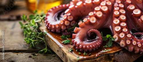 A succulent octopus tentacle prepared to culinary perfection, garnished with herbs on a rustic wooden board