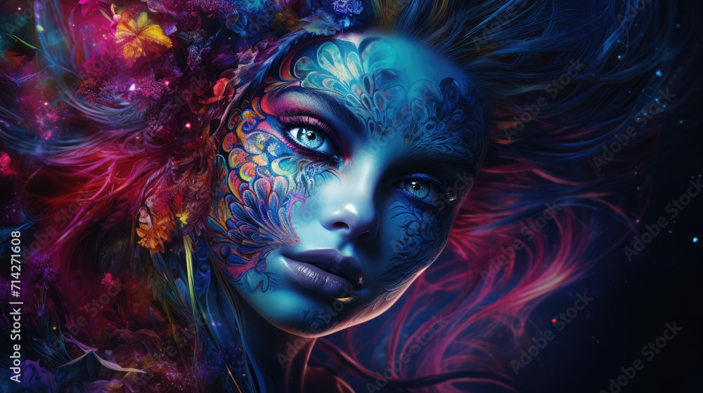 Surreal background design with woman visual in the middle of abstract patterns