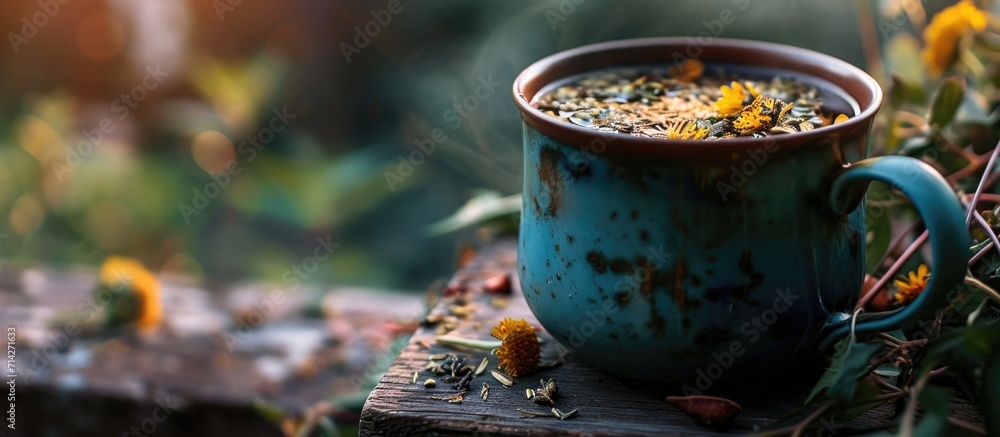 Nature-friendly herbal tea in a sturdy portable mug.