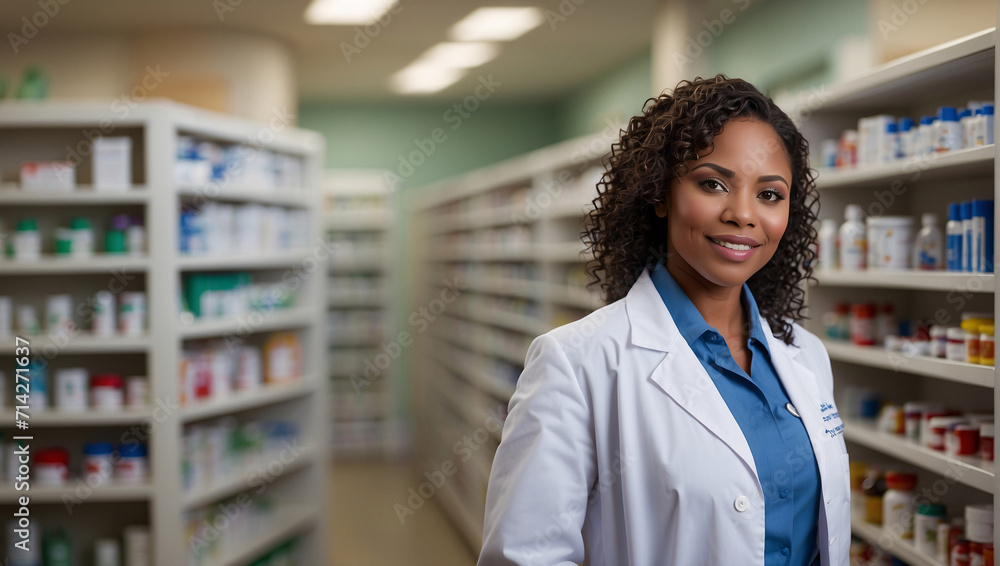 Portrait of friendly African American female pharmacist. Her professionalism is combined with warmth of service. In pharmacy, background, interior of pharmacy,  medicines, medical products on shelves