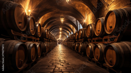 Several barrels of wine in a wine cellar in a traditional underground winery comeliness photo