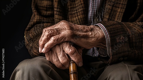 Elderly Man Resting on Walking Cane AI Generated