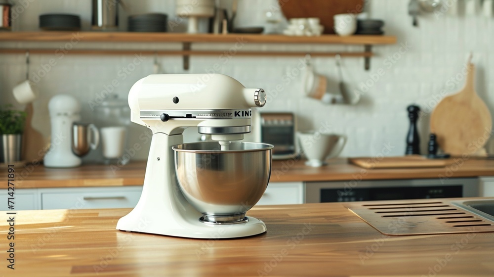 A white mixer sitting on top of a wooden counter. Perfect for kitchen or baking themed designs.