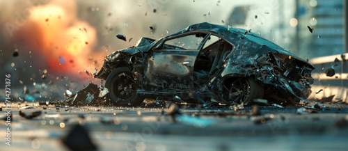 A catastrophic car wreck in a chaotic explosion of metal and debris, a stark reminder of automotive force unleashed