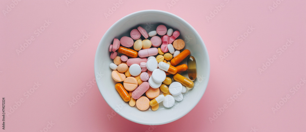 A variety of pills and capsules in a bowl against a soft pink background, highlighting modern medicine's palette