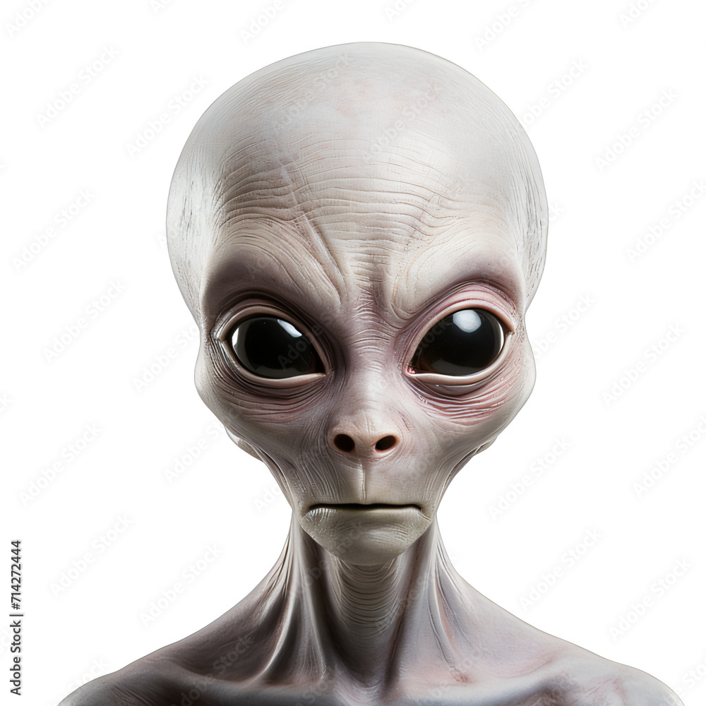 a pale white alien with black eyes  on a transparent background png isolated