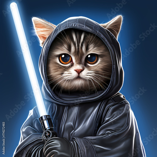 Beautiful cute cat Jedi warrior with a lightsaber illustration. The vibrant colors, adorable feline