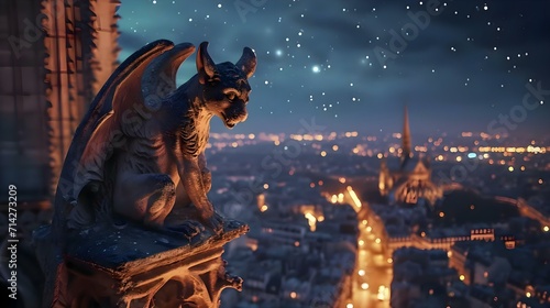 a gargoyle statue on top of a building at night photo
