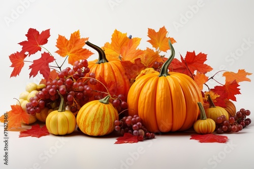 Autumn seasonal leaves border Background and thanksgiving day  harvest holiday with fruits and pumpkins decoration