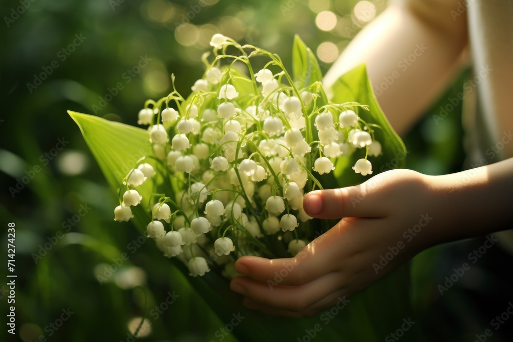 childs hand holds a lily of the valley flower