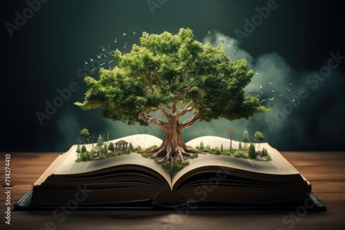 opened book with tree growing inside concept of imagination, gaining knowledge photo