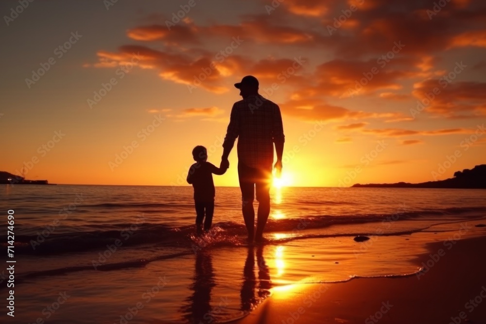 father holding son on the beach at sunset concept of paternal love