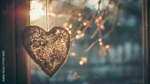 a decorative heart hanging from a window sill photo