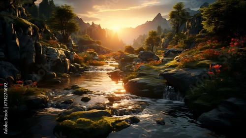 Beautiful Cascade and Sunset - Generative AI © Umar