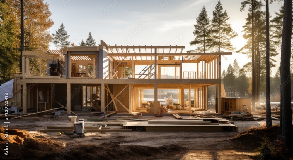 Fototapeta premium interior of an eco-friendly house being built from wooden framing