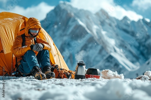 Mountaineer sitting in front of his tent in high mountains. Adventure concept