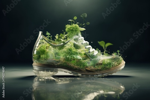 transparent glass shoe filled with plants concept of carbon footprint