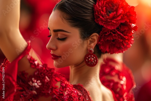 Young Sevillian woman with carnations in her hairstyle and red dress dancing sevillanas photo