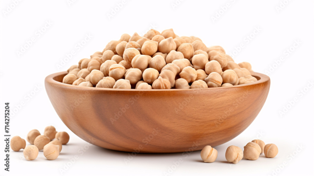 Dry raw organic chickpeas in wooden bowl isolated on white background. Dry raw organic chickpeas in wooden bowl isolated on white background.