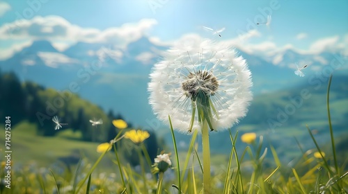 a dandelion in a field with mountains in the background