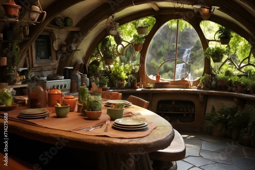 Magical home, delicious spread on kitchen table in unique hobbit residence. Generative AI photo