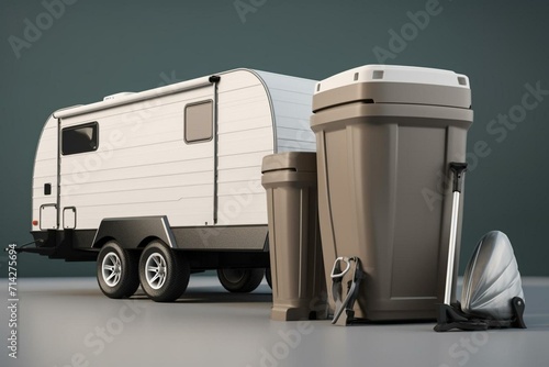 3D rendering of recycling trashcan with travel trailer. Generative AI photo