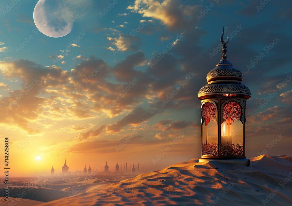 Arabic ramadan lantern in a desert at sunset time