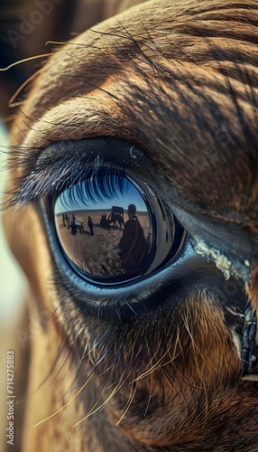 a close up of a horse's eye with the reflection of a man and photo