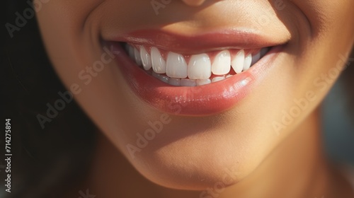 Close-up of a girl s joyful smile showing off her healthy teeth  Concept healthy teeth.