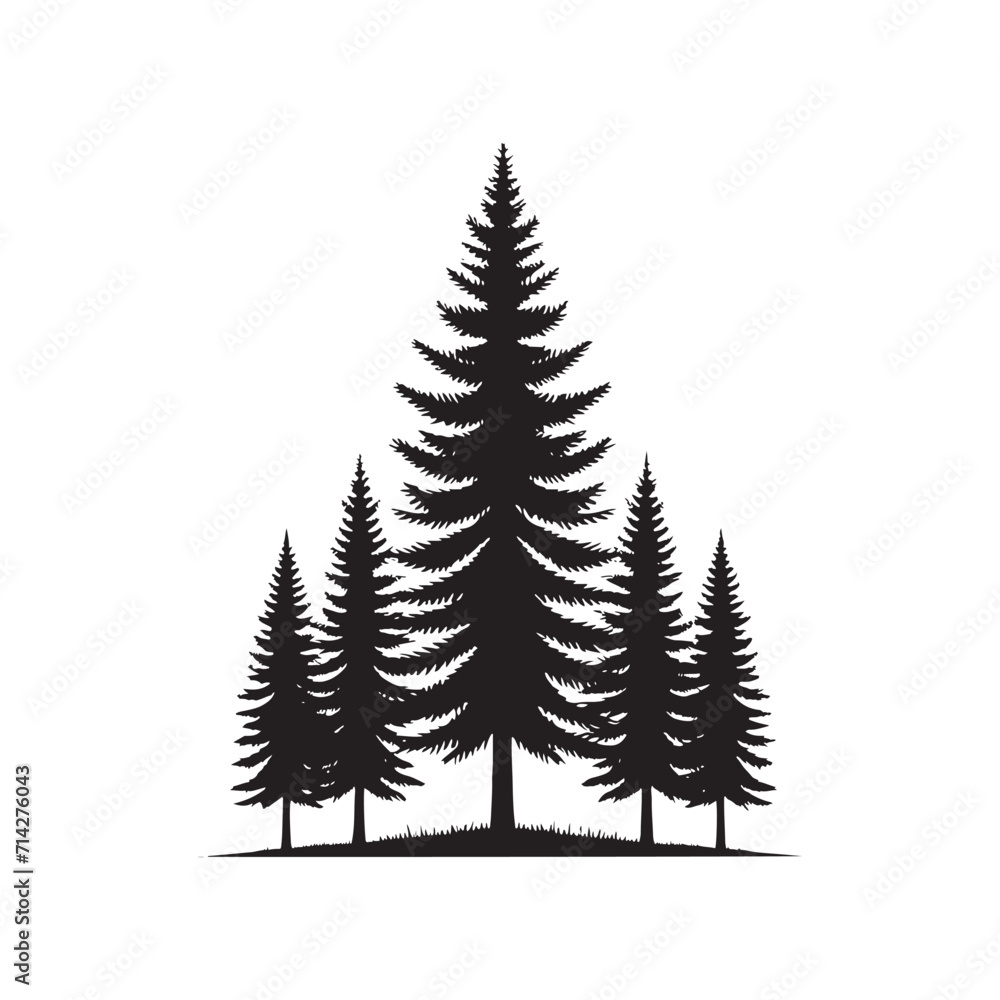 Obraz premium Celestial Pine Ballet: Nature Silhouette - Pine Tree Silhouette Performing a Celestial Ballet in the Cosmic Theater of Nature - Nature Vector - Pine Tree Illustration 