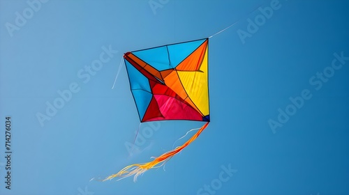 a colorful kite flying in a blue sky