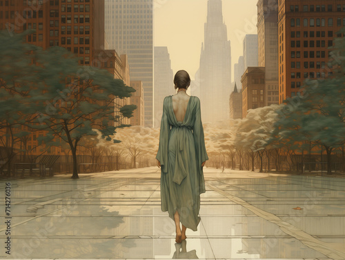 Illustration of a woman walking alone in the distance of a deserted path in a large urban city, moody setting with vintage vibes
