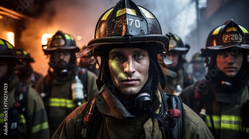 Brave firefighters in full gear against raging fire, united in emergency response, displaying teamwork and courage. © ProPhotos