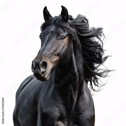 beautiful black stallion running in a corral: isolated on a white background