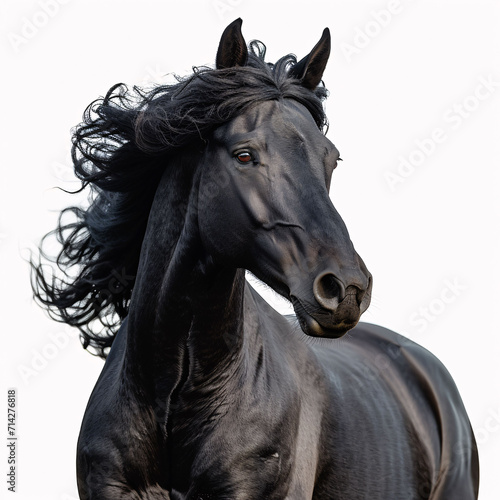 beautiful black stallion running in a corral: isolated on a white background