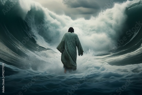 Jesus walking on water during storm, biblical miracle concept for religious themes and illustrations photo