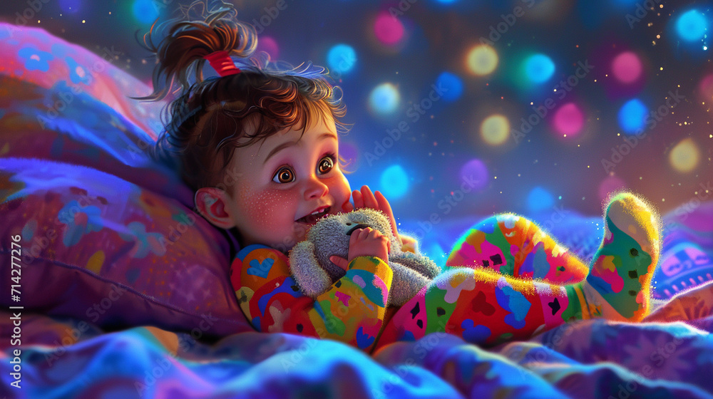 An artistic representation of a baby girl in vibrant pajamas and cozy slippers, holding a plush toy with a curious expression, set against a dreamy backdrop, creating a visually im An artistic representation of a baby girl in vibrant pajamas and cozy slippers, holding a plush toy with a curious expression, set against a dreamy backdrop, creating a visually im
