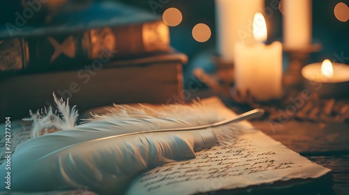 a feather resting on a book next to a lit candle