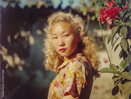 Photorealistic Teen Chinese Woman with Blond Curly Hair vintage Illustration. Portrait of a person in World War II era aesthetics. Historic movie style Ai Generated Horizontal Illustration.