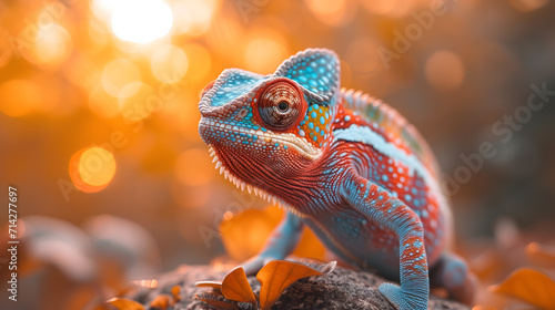 Colorful Chameleon Perched on a Branch at Sunset in a Lush Environment. AI.