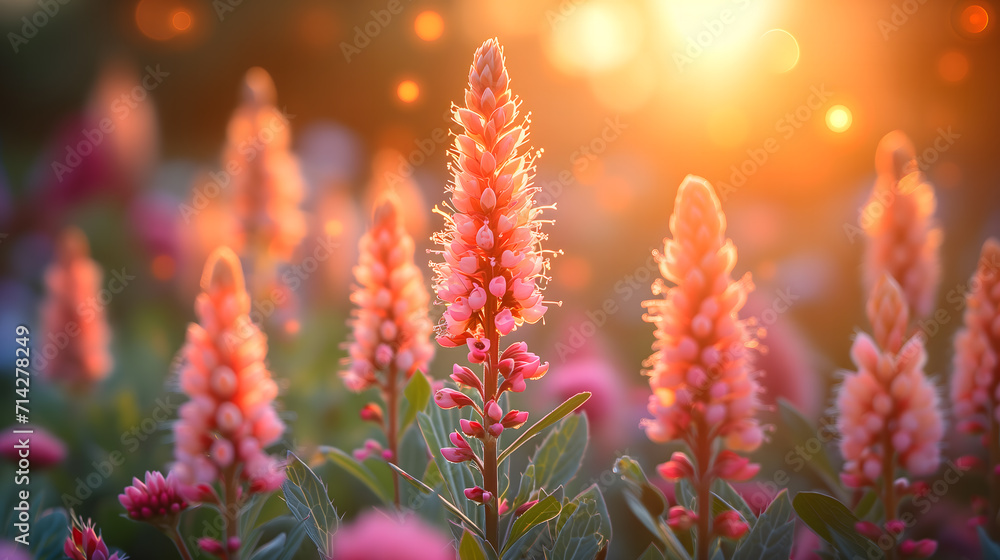 Golden Hour Illumination of Vibrant Pink Lupine Flowers in a Summer Garden. AI.