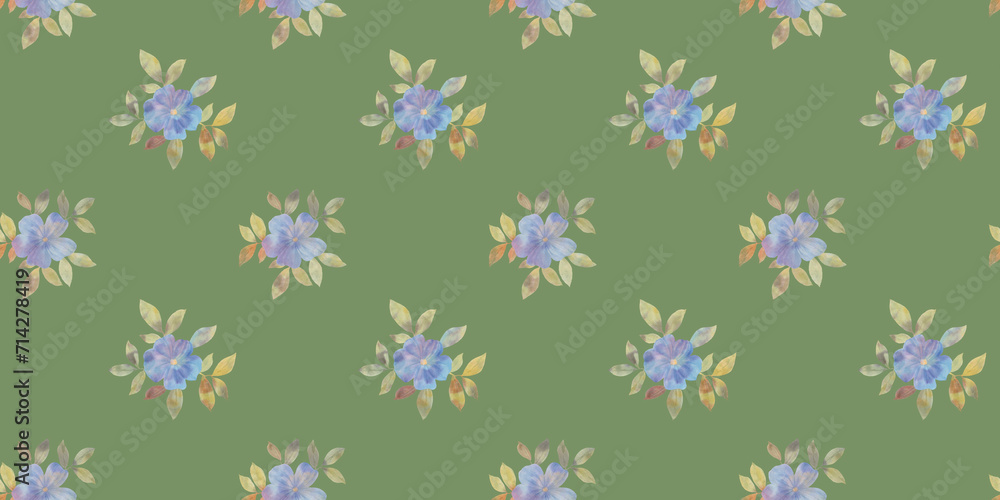 digitally painted watercolor flowers, botanical seamless pattern for design, green background