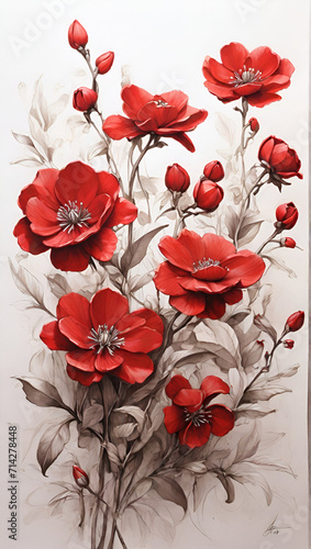 Red flowers , white background, sketched. generated by AI