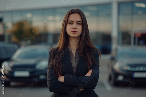 young business customer standing in parking space of automobile showroom