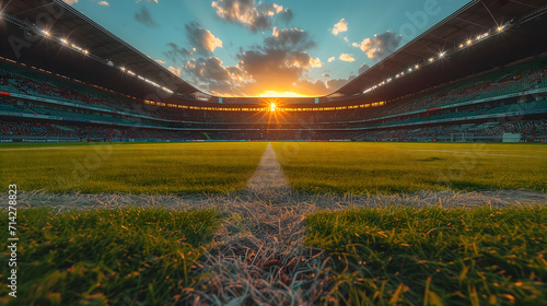 Majestic Sunset View Over an Empty Soccer Stadium With Lights On. AI. photo